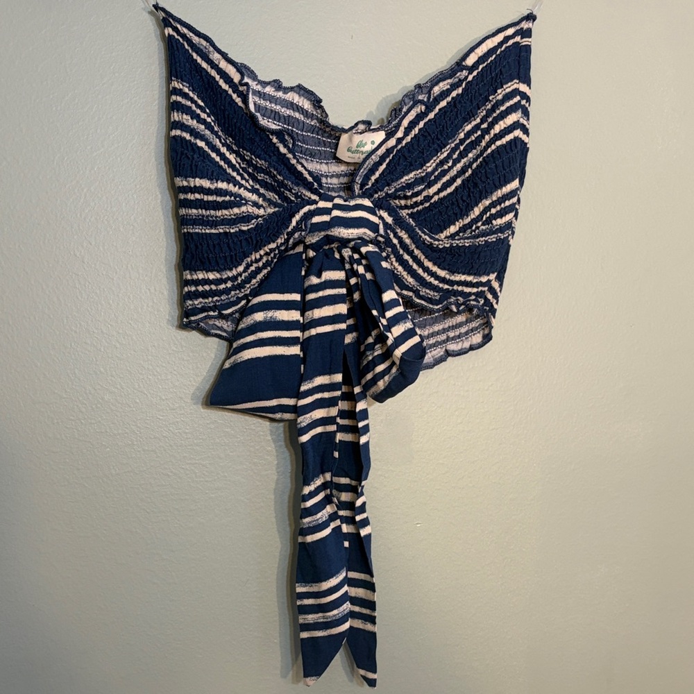 Blue Buttercup Size Large Blue & Tan Striped Tube Top with Bow
